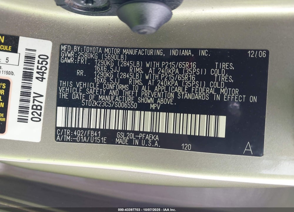 2007 TOYOTA SIENNA CE VIN: 5TDZK23C57S006550