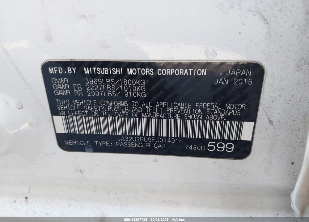 2015 MITSUBISHI LANCER ES VIN: JA32U2FU9FU014918