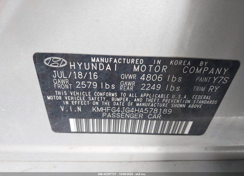 2017 HYUNDAI AZERA VIN: KMHFG4JG4HA578189