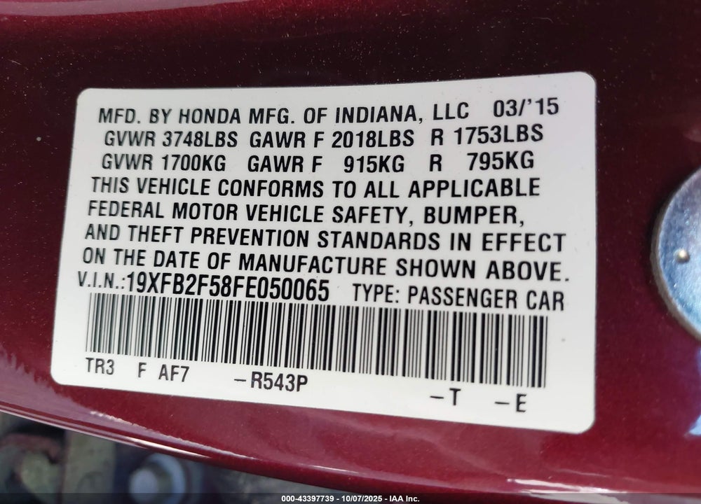 2015 HONDA CIVIC VIN: 19XFB2F58FE050065