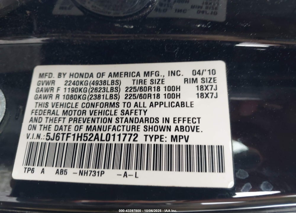 2010 HONDA ACCORD CROSSTOUR VIN: 5J6TF1H52AL011772