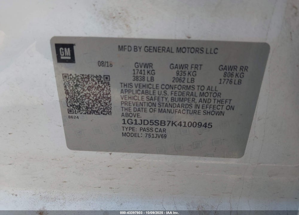 2019 CHEVROLET SONIC VIN: 1G1JD5SB7K4100945