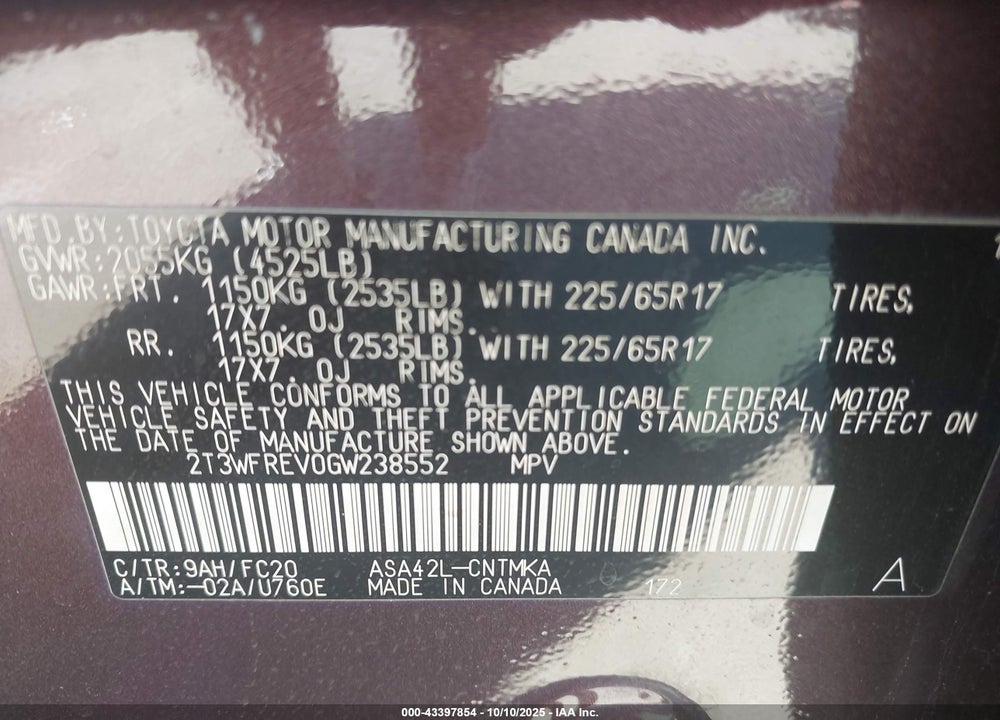 2016 TOYOTA RAV4 VIN: 2T3WFREV0GW238552