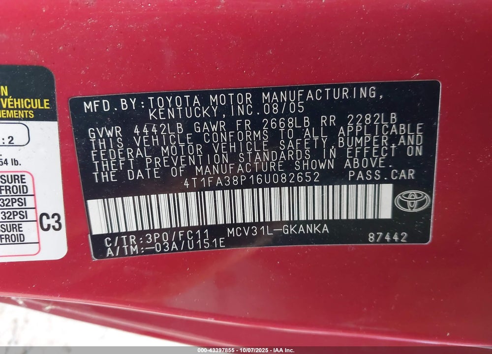 2006 TOYOTA CAMRY SOLARA SE VIN: 4T1FA38P16U082652