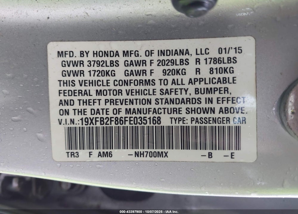 2015 HONDA CIVIC EX VIN: 19XFB2F86FE035168