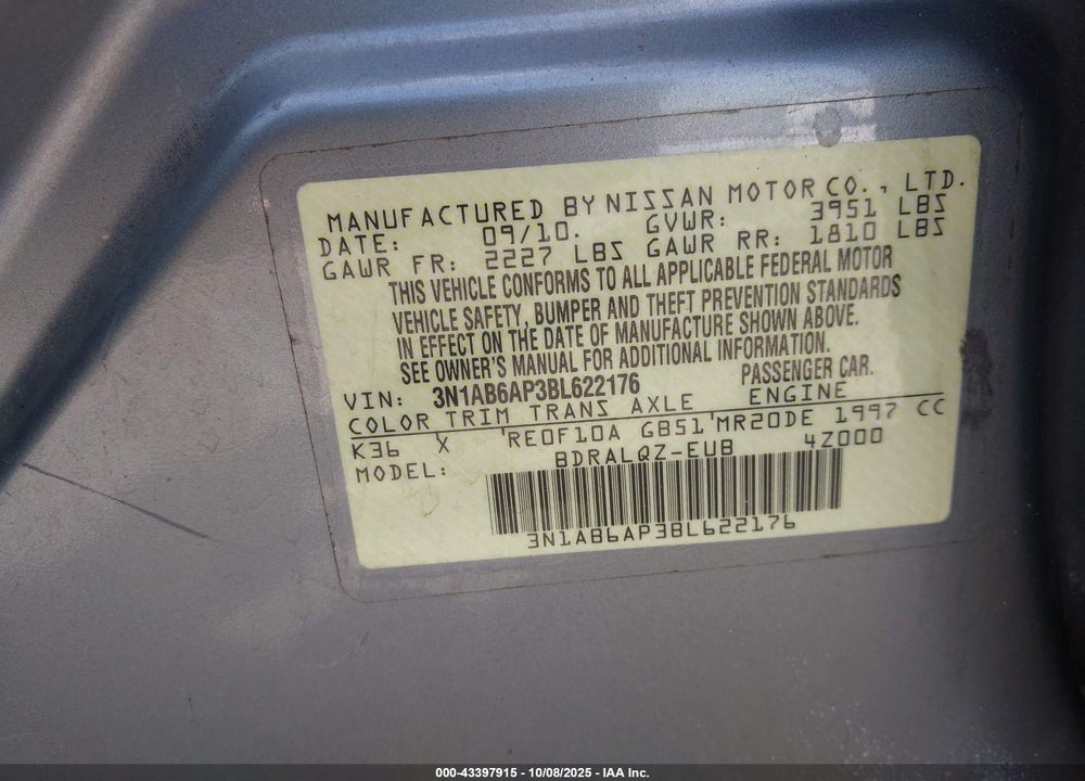 2011 NISSAN SENTRA VIN: 3N1AB6AP3BL622176