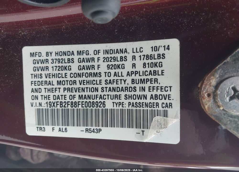 2015 HONDA CIVIC VIN: 19XFB2F88FE008926