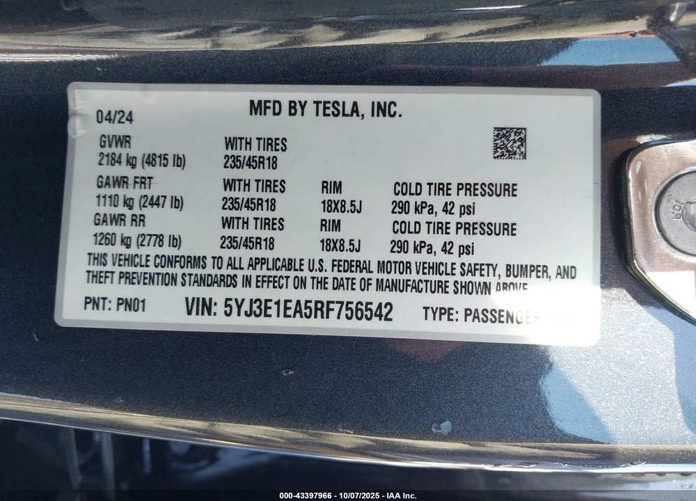 2024 TESLA MODEL 3 LONG RANGE DUAL MOTOR ALL-WHEEL DRIVE/REAR-WHEEL DRIVE VIN: 5YJ3E1EA5RF756542