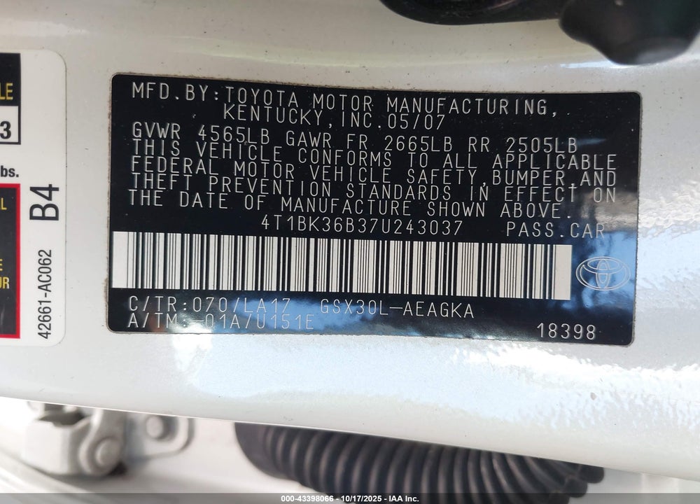 2007 TOYOTA AVALON XLS VIN: 4T1BK36B37U243037
