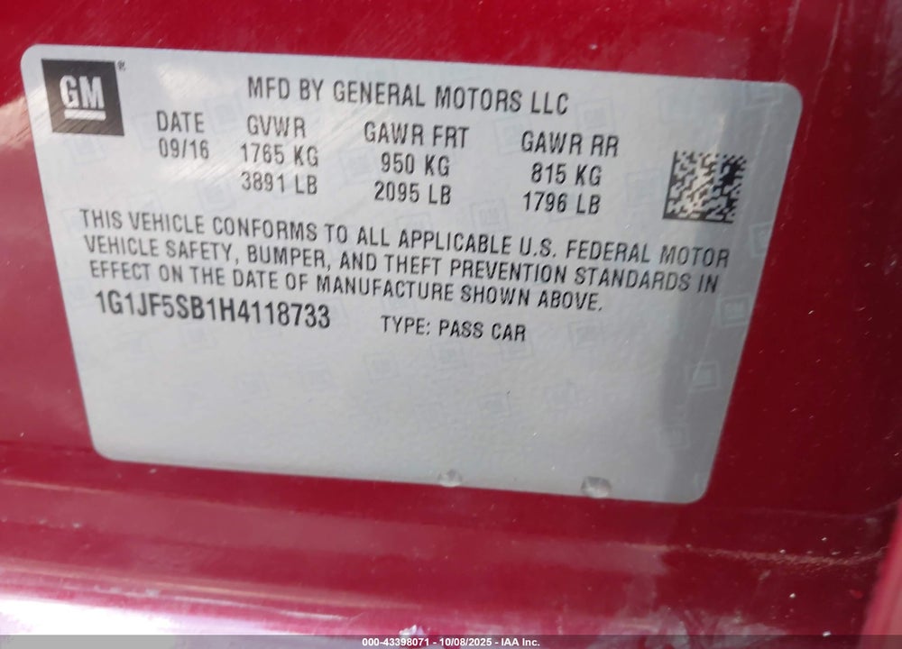 2017 CHEVROLET SONIC PREMIER AUTO VIN: 1G1JF5SB1H4118733