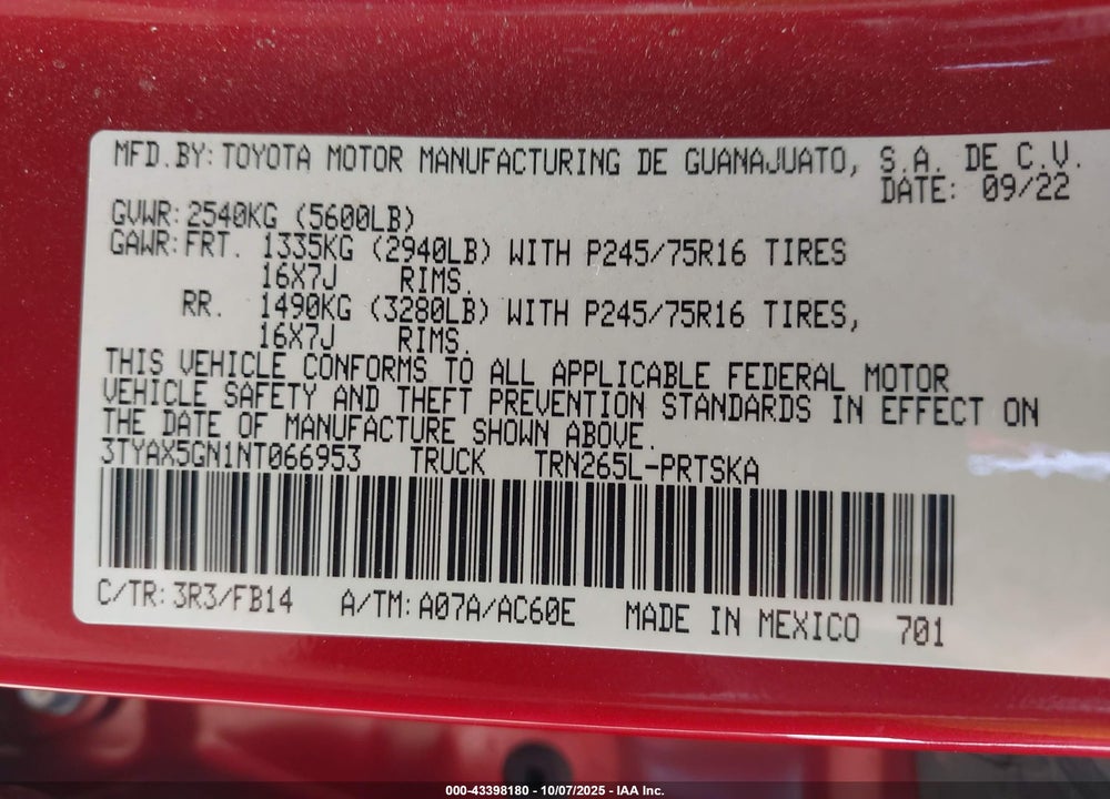 2022 TOYOTA TACOMA VIN: 3TYAX5GN1NT066953