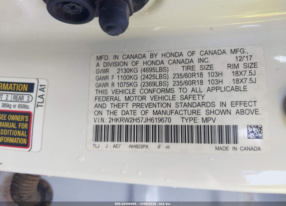 2018 HONDA CR-V VIN: 2HKRW2H57JH619670