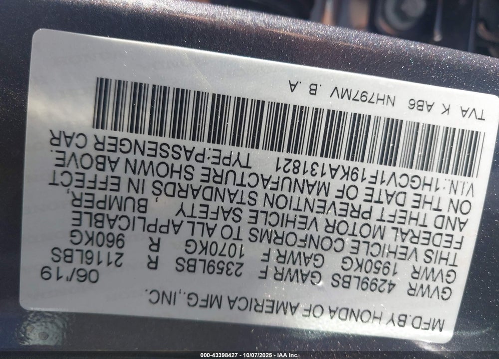 2019 HONDA ACCORD VIN: 1HGCV1F19KA131821