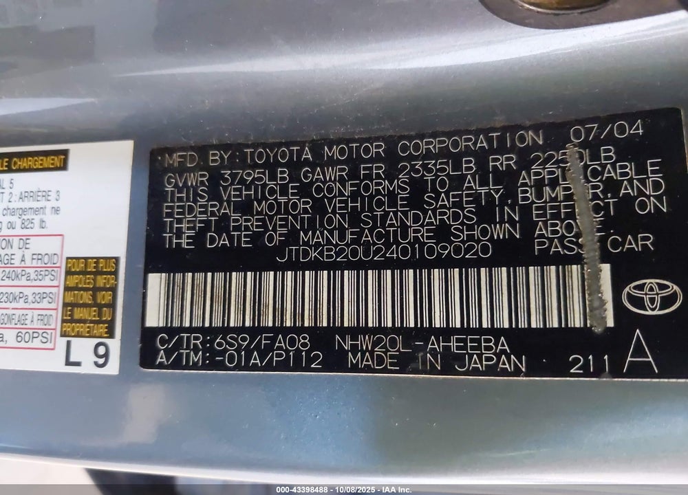 2004 TOYOTA PRIUS VIN: JTDKB20U240109020