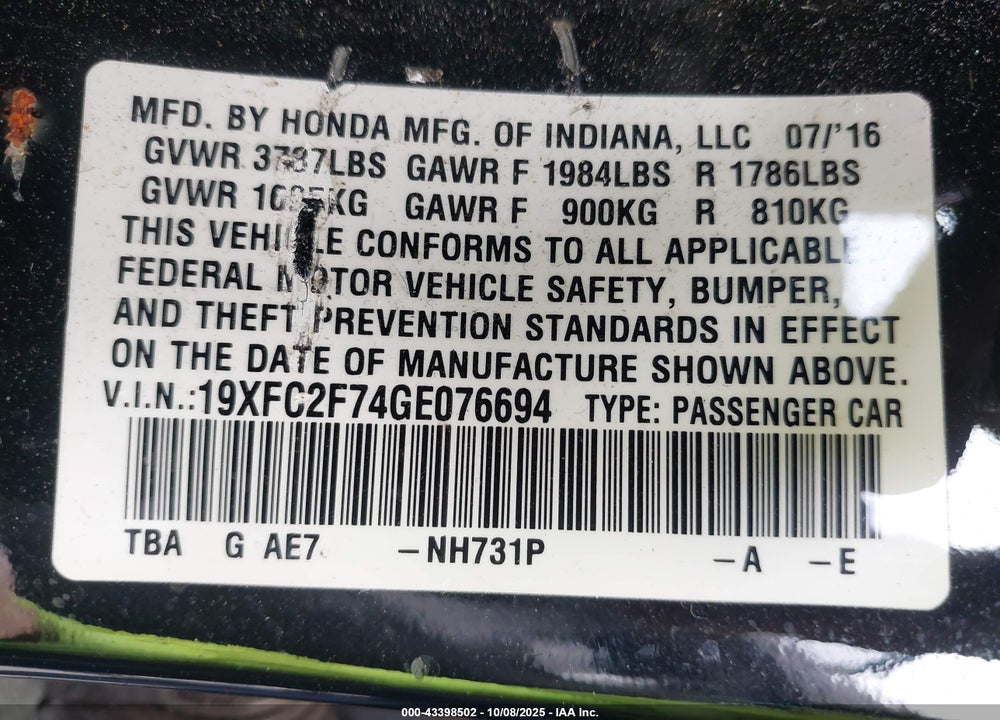 2016 HONDA CIVIC VIN: 19XFC2F74GE076694