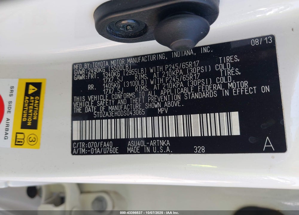 2013 TOYOTA HIGHLANDER BASE PLUS VIN: 5TDZA3EH0DS043065