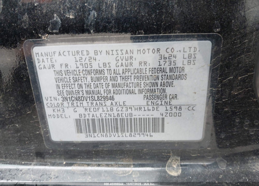 2025 NISSAN VERSA 1.6 S+ VIN: 3N1CN8DV1SL829946
