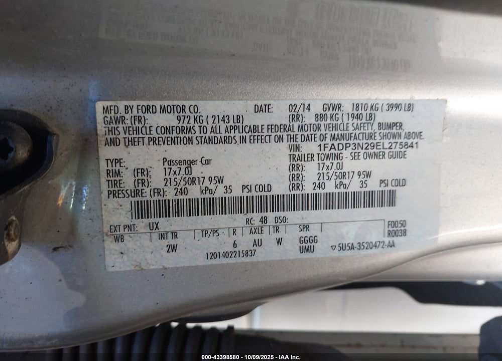 2014 FORD FOCUS VIN: 1FADP3N29EL275841
