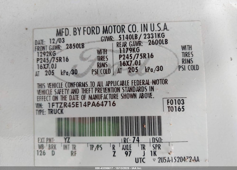 2004 FORD RANGER EDGE/TREMOR/XLT VIN: 1FTZR45E14PA64716