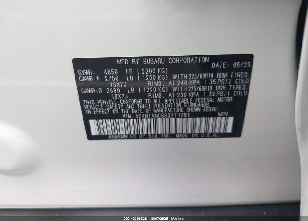 2025 SUBARU OUTBACK VIN: 4S4BTANC6S3271781