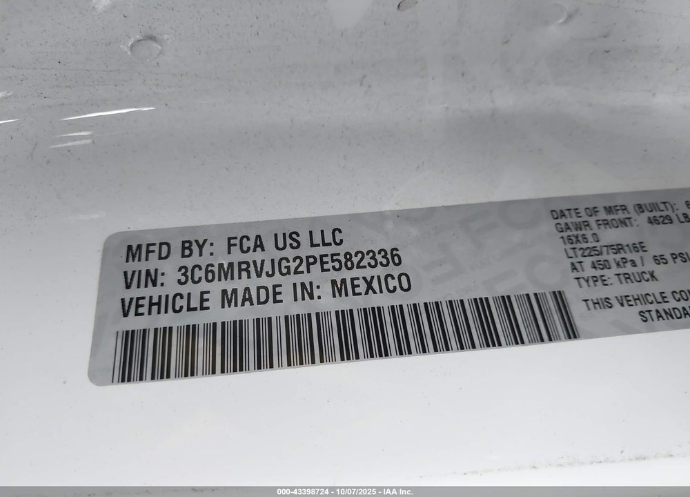 2023 RAM PROMASTER 3500 CARGO VAN HIGH ROOF 159 WB EXT VIN: 3C6MRVJG2PE582336
