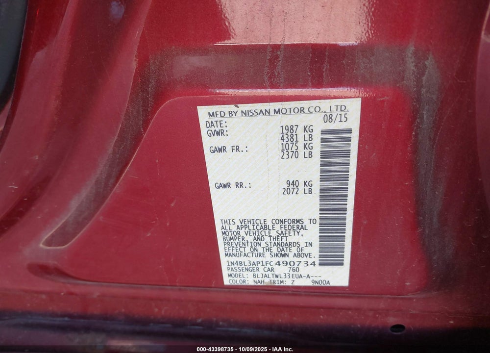 2015 NISSAN ALTIMA VIN: 1N4BL3AP1FC490734