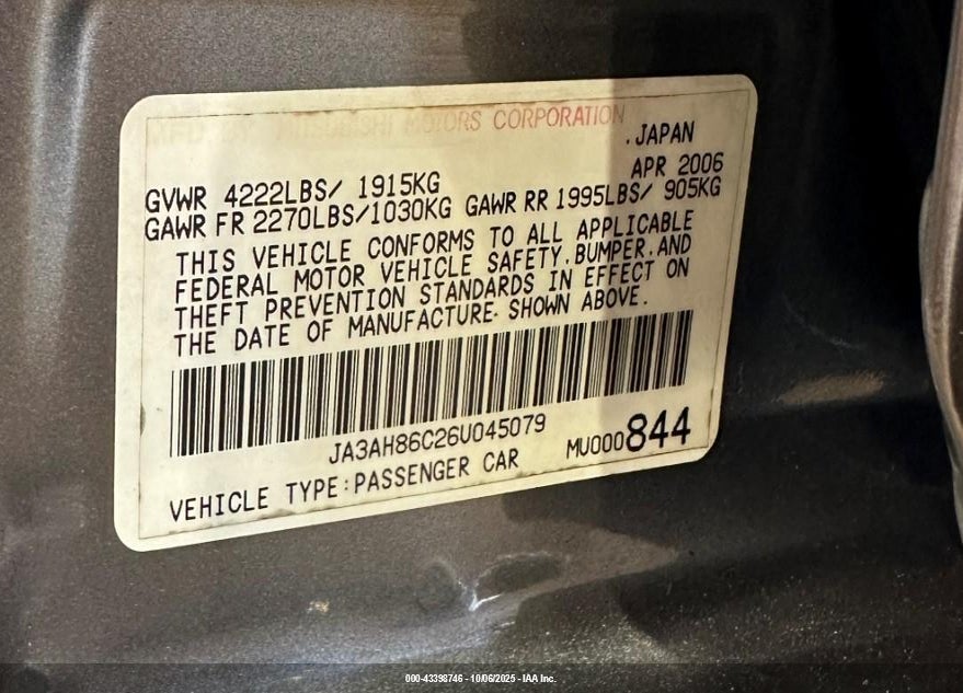 2006 MITSUBISHI LANCER EVOLUTION IX/MR VIN: JA3AH86C26U045079