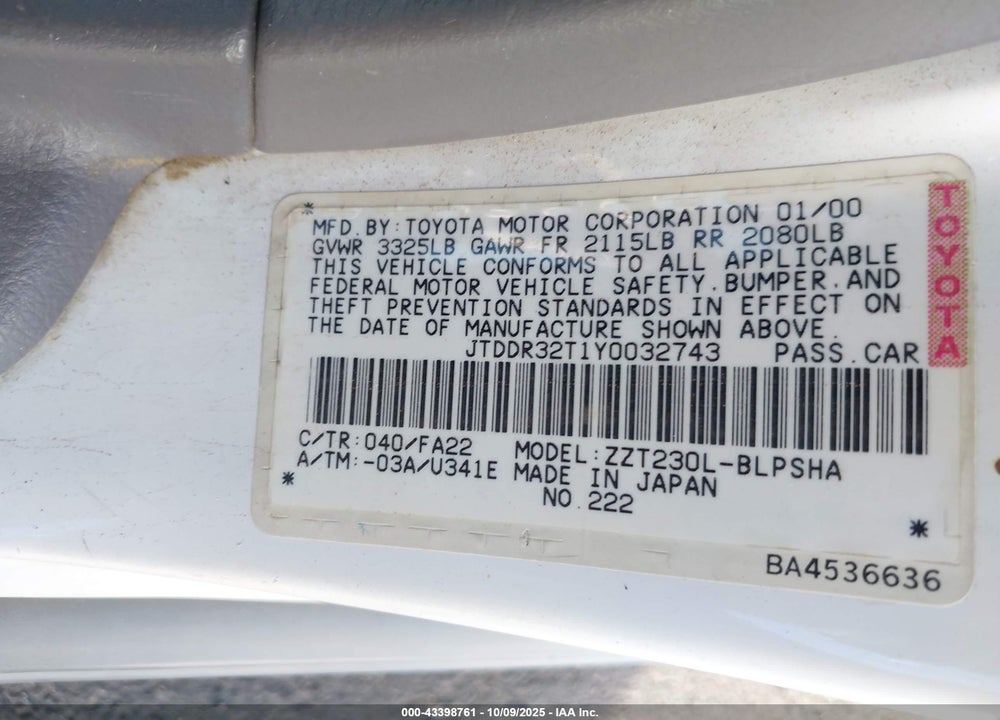 2000 TOYOTA CELICA GT VIN: JTDDR32T1Y0032743