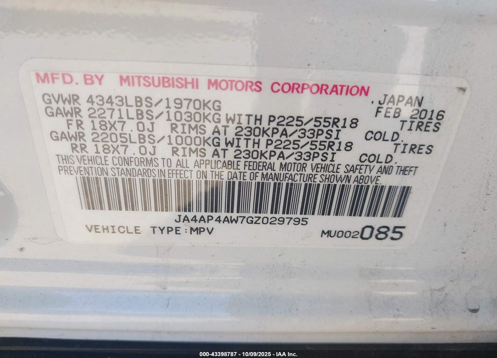 2016 MITSUBISHI OUTLANDER SPORT 2.4 SEL VIN: JA4AP4AW7GZ029795
