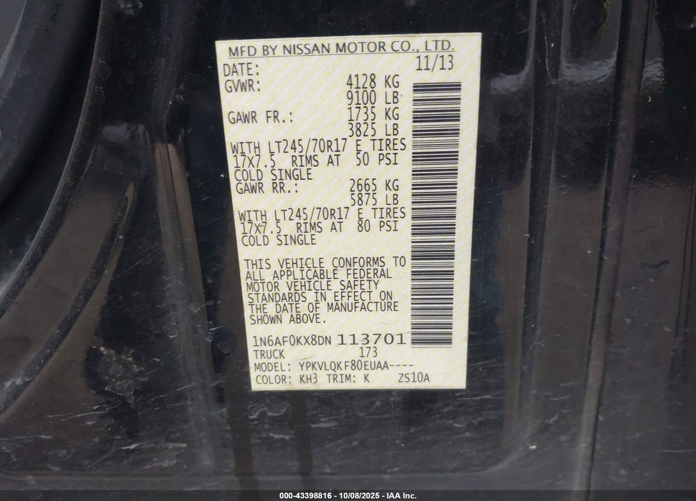 2013 NISSAN NV CARGO NV2500 HD S V8 VIN: 1N6AF0KX8DN113701