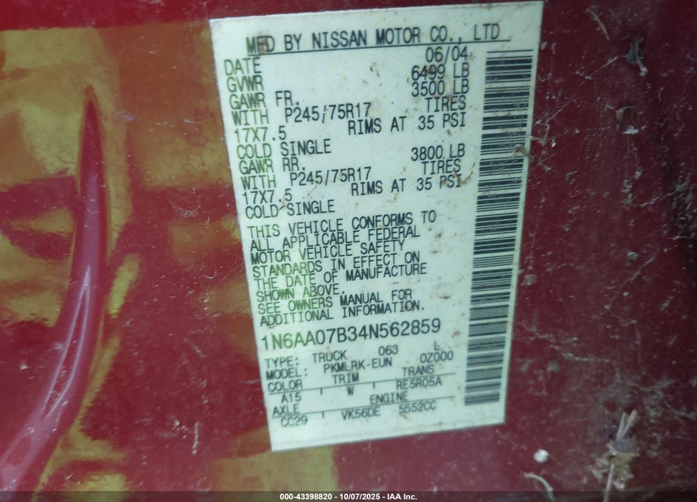 2004 NISSAN TITAN XE VIN: 1N6AA07B34N562859