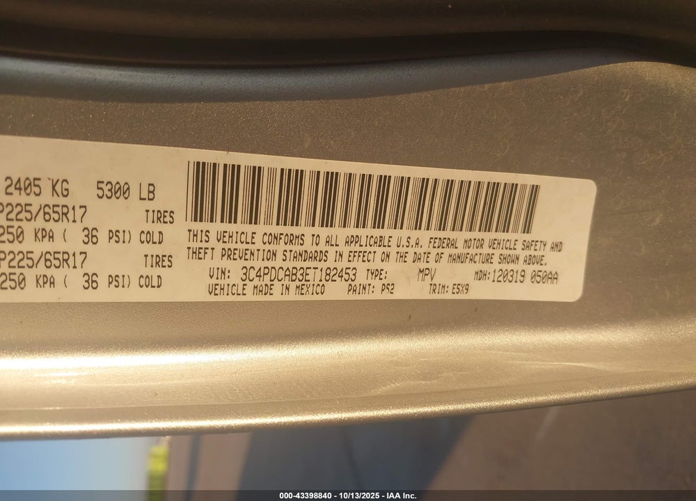 2014 DODGE JOURNEY AMERICAN VALUE PKG VIN: 3C4PDCAB3ET182453