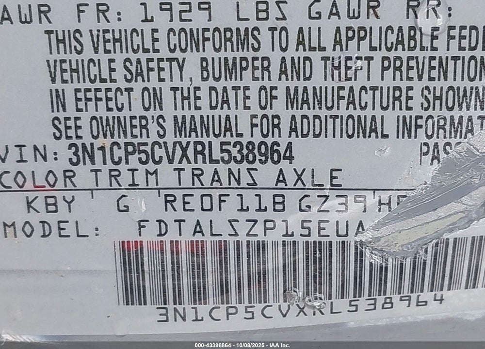 2024 NISSAN KICKS SV VIN: 3N1CP5CVXRL538964