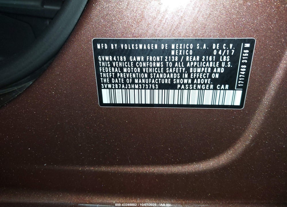 2017 VOLKSWAGEN JETTA 1.4T S VIN: 3VW2B7AJ3HM373753