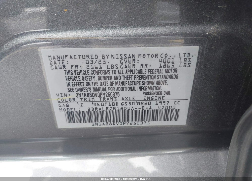 2023 NISSAN SENTRA VIN: 3N1AB8DV0PY250375