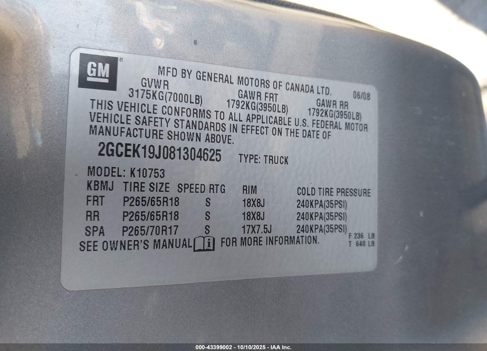 2008 CHEVROLET SILVERADO 1500 LT1 VIN: 2GCEK19J081304625