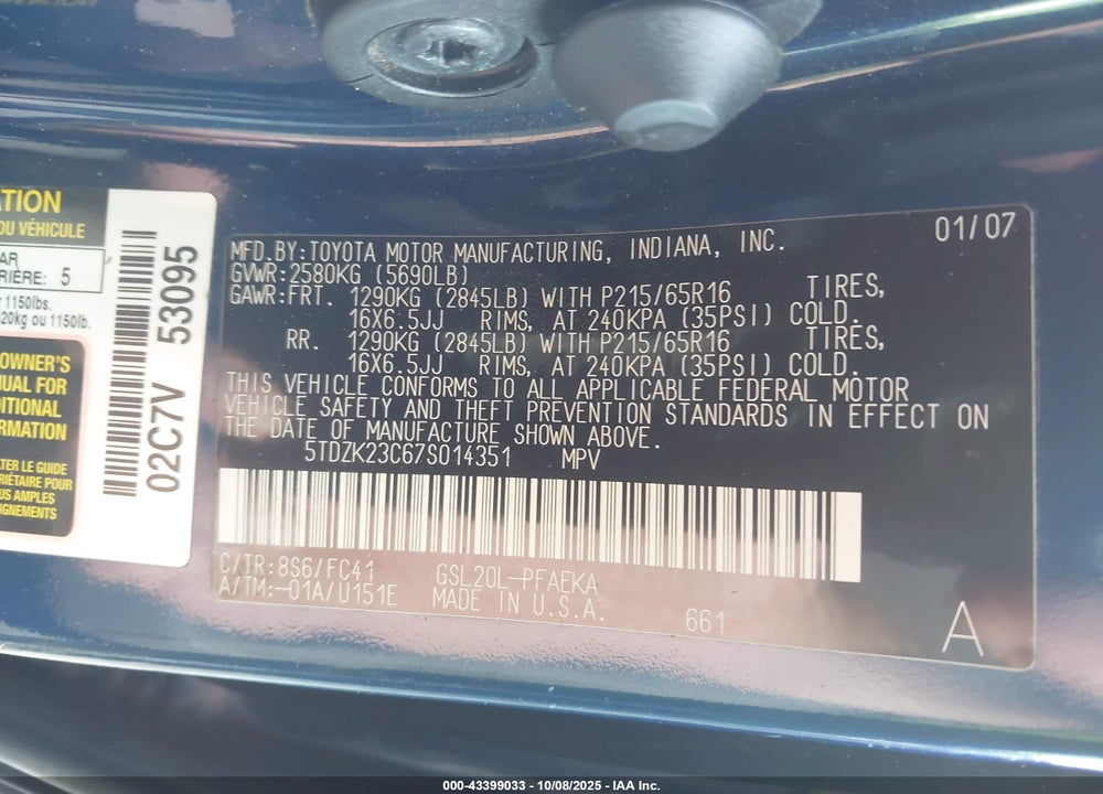 2007 TOYOTA SIENNA LE VIN: 5TDZK23C67S014351