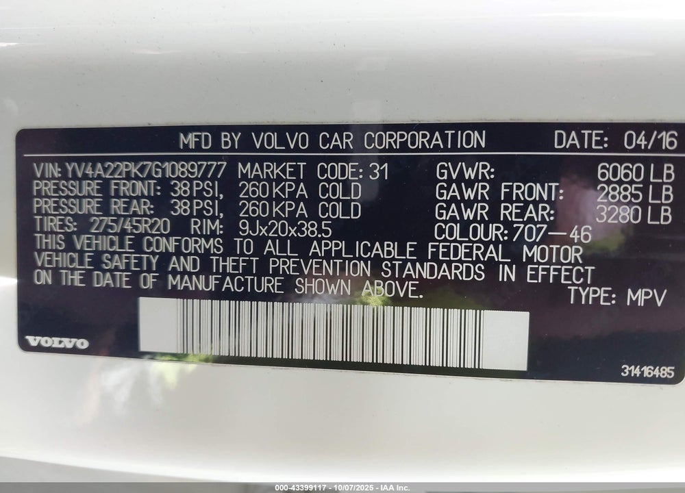 2016 VOLVO XC90 T6 MOMENTUM VIN: YV4A22PK7G1089777