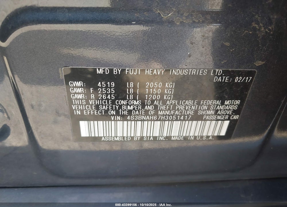 2017 SUBARU LEGACY VIN: 4S3BNAH67H3051417