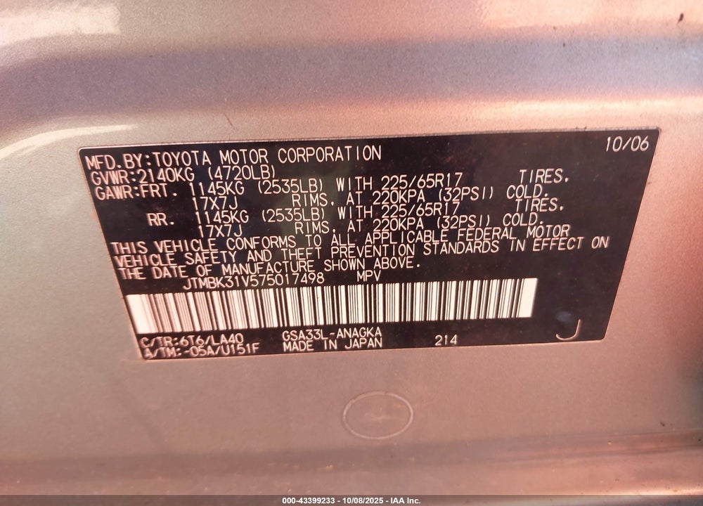 2007 TOYOTA RAV4 VIN: JTMBK31V575017498