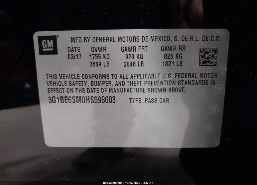 2017 CHEVROLET CRUZE LT AUTO VIN: 3G1BE6SM0HS598603