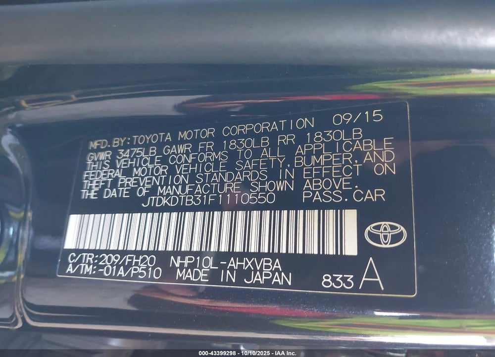 2015 TOYOTA PRIUS C ONE VIN: JTDKDTB31F1110550