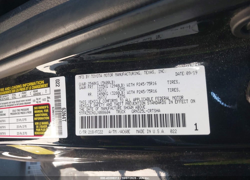 2020 TOYOTA TACOMA SR5 V6 VIN: 5TFRZ5CN1LX088604