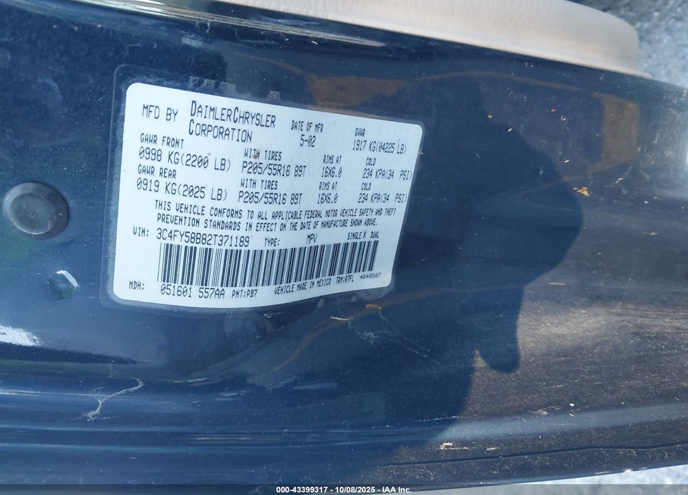 2002 CHRYSLER PT CRUISER TOURING VIN: 3C4FY58B82T371189