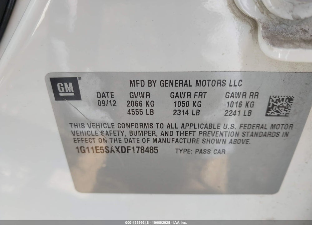 2013 CHEVROLET MALIBU VIN: 1G11E5SAXDF178485
