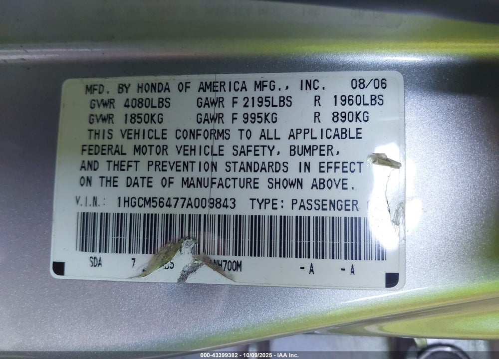 2007 HONDA ACCORD 2.4 LX VIN: 1HGCM56477A009843