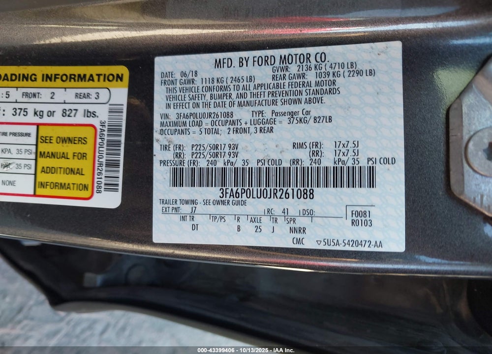 2018 FORD FUSION VIN: 3FA6P0LU0JR261088