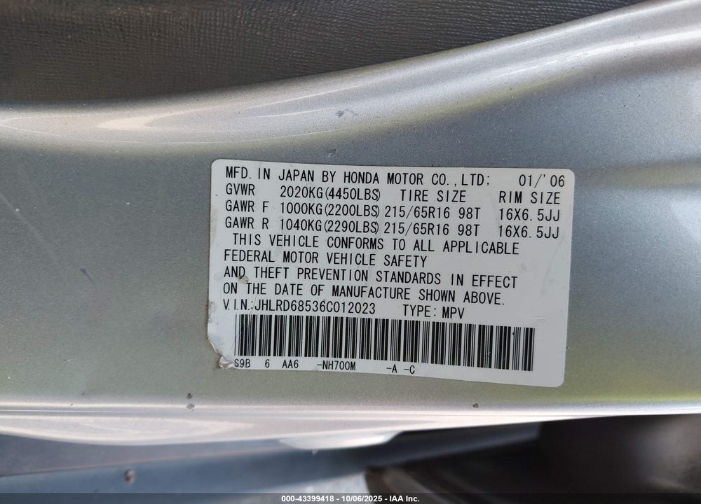 2006 HONDA CR-V VIN: JHLRD68536C012023