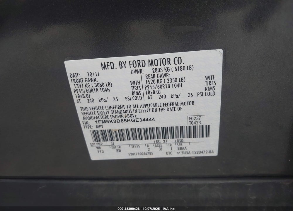 2017 FORD EXPLORER XLT VIN: 1FM5K8D85HGE34444