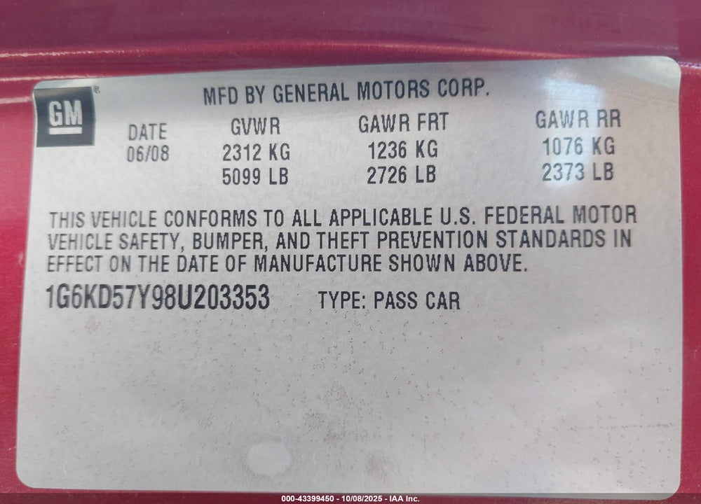 2008 CADILLAC DTS 1SD VIN: 1G6KD57Y98U203353